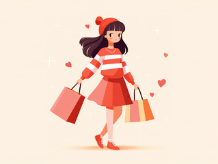 Fototapeta na wymiar Cute cartoon girl with shopping bags