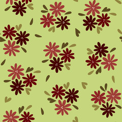 Obraz premium Simple floral seamless pattern with red shades flowers on green background. Tiny botanical elements allover print