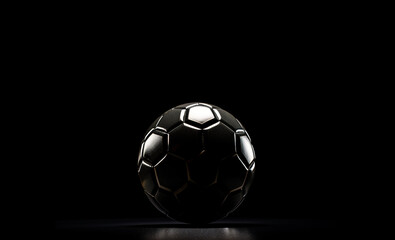 Black football or soccer ball against black background with highlight on the textured surface and copy space