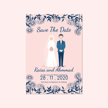 Cute Portrait Muslim Couple Wedding Invitation Save the Date Template Walima Nikah with Flower Background