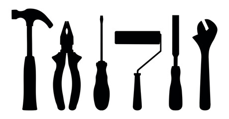 set of hand tools silhouette isolated on white. black silhouette