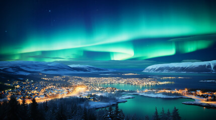 Northern Lights over landscape with mountains, lake, sea and village, town, harbor