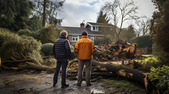 People assessing Storm damage, fallen trees, debris