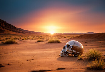 Crâne humain dans un désert aride représentant le réchauffement climatique. Generative AI. - obrazy, fototapety, plakaty