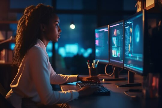 Female trader working on her computer. Financial Analyst, investor watches the stock market. Generative AI