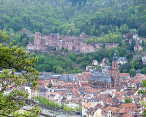 Fototapeta na wymiar Germany, aerial view of Heidelberg traditional city and Schloss Heidelberg, palace castle on green hill.