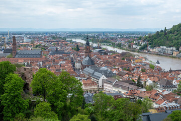 Fototapeta na wymiar Germany, aerial view of Heidelberg traditional city next to Neckar river and Old Bridge.
