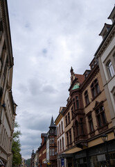 Germany, Heidelberg city. Traditional architecture of upper part building. Under view. Vertical