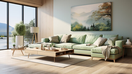 scandinavian style interior design of modern living room with green big sofa light oak floor