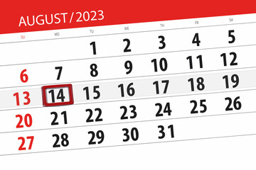 Fototapeta premium Calendar 2023, deadline, day, month, page, organizer, date, August, monday, number 14