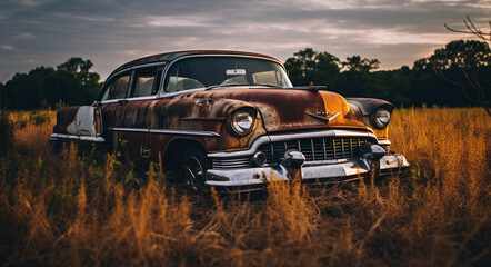 Obraz na płótnie Canvas Rustic Beauty: Decaying Vintage Car in the Field