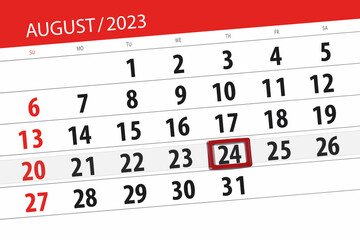 Fototapeta premium Calendar 2023, deadline, day, month, page, organizer, date, August, thursday, number 24