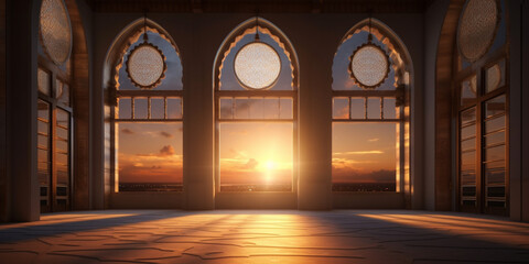 Fototapeta na wymiar moon light shine through the window into islamic mosque interior