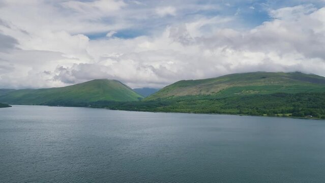 View of Mountains and Lake over Loch Fyne from a drone , Scotland, UK