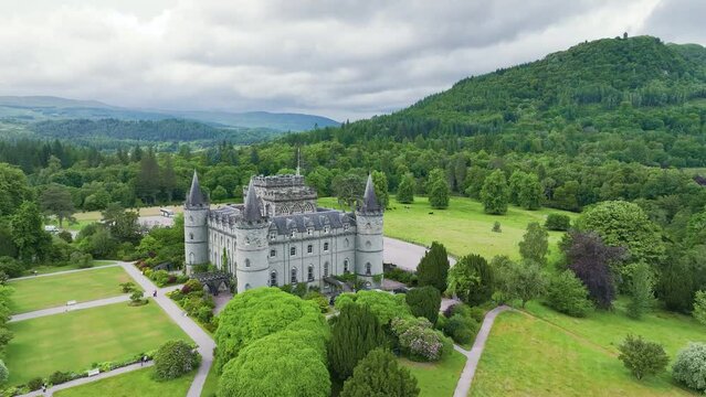 Inveraray Castle from a drone, Clan Campbell, Loch Fyne, Argyll, Scotland, UK