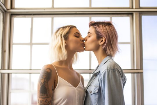woman couple lesbian gay love happy homosexual together female romantic boyfriend relationship two partner lover  friend kiss kissing modern generative ai