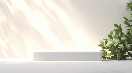 white podium on white concrete wall with sunlight	