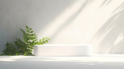 white podium on white concrete wall with sunlight	