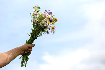 A man gives a bouquet of fresh wild flowers. Romantic relationship. Copy space.