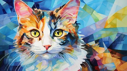  a colorful cat with yellow eyes is shown in this painting.  generative ai - obrazy, fototapety, plakaty