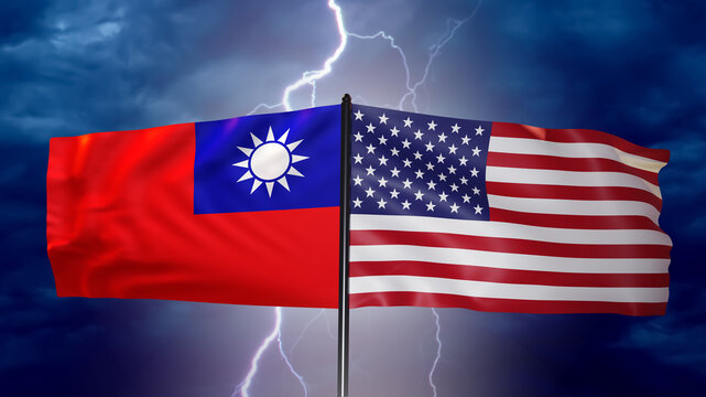 USA and Taiwan. State flags. Lightning in sky. Political relations between USA and Taiwan. National symbol of America. Political negotiations with Taiwan. USA foreign relations. 3d image