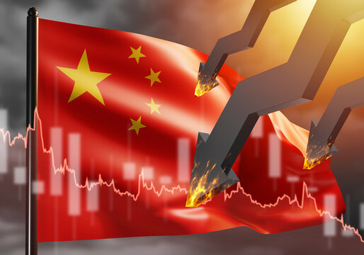 Economy of China. Falling chart. Financial crisis in PRC. Down arrows are metaphor for falling GDP. Crisis chart. Problems in China's economy. Financial crisis in people's republic of China. 3d image