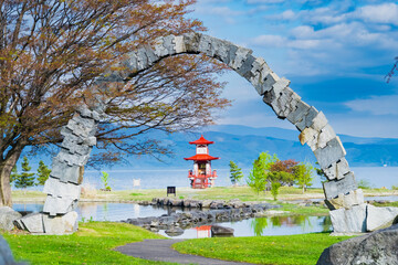 北海道の洞爺湖八景、海御堂公園の風景