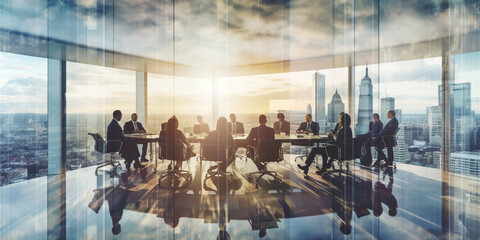 many business people conference group meeting on city office building in background showing partnership success of business deal. Concept of teamwork, trust and agreement