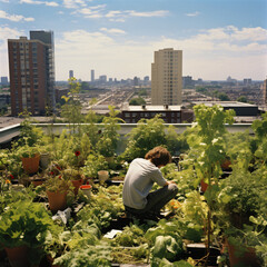 Naklejka na ściany i meble Urban Farming: individual engaged in urban farming and rooftop gardeningGenerative AI
