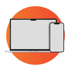 Realistic laptop with phone mockup and gradient circle on background. Laptop and smartphone with transparent screens vector illustration.