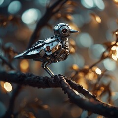 Metallic bird robot on a branch. AI-generated.
