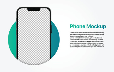 Realistic smartphone with transparent background on screen and space for text vector mockup. Phone device model mockup with gradient circle on background.