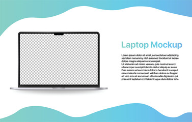 Realistic laptop mockup with transparent screen, gradient liquid wavy elements and space for text. Laptop device model with open screen for advertising and web vector illustration.
