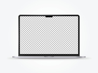 Realistic laptop mockup with transparent screen background. Laptop device model with open screen vector illustration.