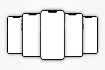 Realistic five smartphones displayed in a row mockup with white screen. Phones mockup template for your design.