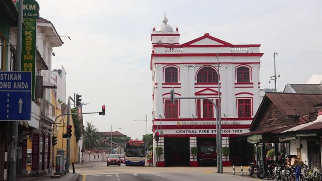 Georgetown, Penang, Malaysia - April 20, 2023: Fire brigade in Lebuh Pantai