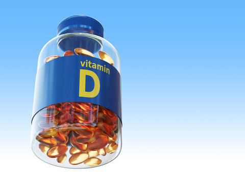 Vitamin D. Medical ergocalciferol. Yellow pills in package. Ergocalciferol to strengthen immune system. Jar of vitamin D on blue. Concept for production of tablets from ergocalciferol. 3d image