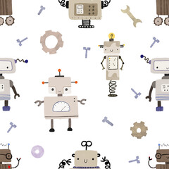 Colorful cartoon robots isolated background seamless pattern. Endless pattern with different robots. Repeating color simple flat pattern with monsters. Pattern for kids with cartoon characters.