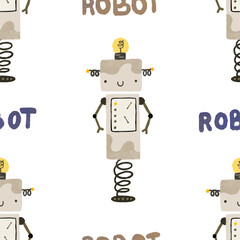 Colorful cartoon robots isolated background seamless pattern. Endless pattern with different robots. Repeating color simple flat pattern with monsters. Pattern for kids with cartoon characters.