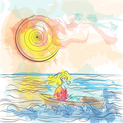 Fototapeta na wymiar Lonley in small boat in ocean graphic drawing, art, 