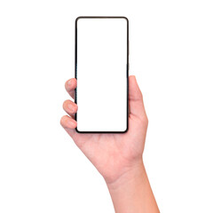 empty mobile phone screen on young man hand for additional user interface. isolated image.