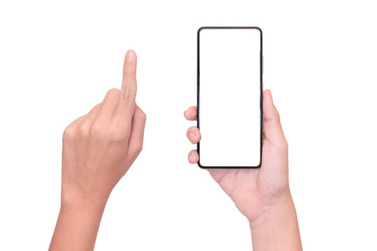 empty mobile phone screen on young man hand for additional user interface. isolated image.