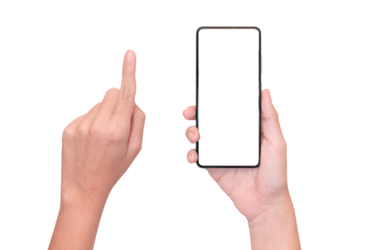 empty mobile phone screen on young man hand for additional user interface. isolated image.