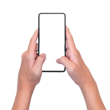 Young man's hand touching Empty mobile phone screen. for additional user interface. isolated image.
