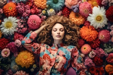 Top view of an imaginative woman in colorful pajamas lying on bed adorned with bright flowers. Romantic