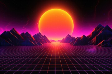 An abstract neon grid landscape with a pixelated sun, showcasing an 80s game aesthetic. Generative AI