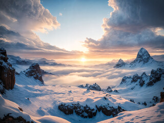 Sunrise in the snow covered mountains. Majestic and epic clouds in the sky. Awe inspiring. Concepts of environment, nature, travel and beauty.