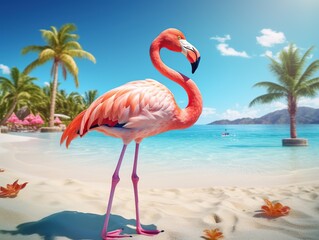 Funny Flamingo 3D illustration, pink Flamingo in the beach, summer vibes,AI Generative 