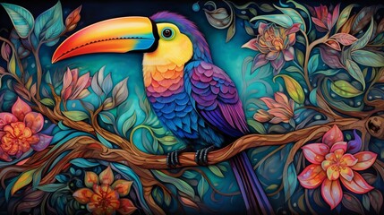 An intricate batik-style rendering of a vibrant toucan perched on a branch
