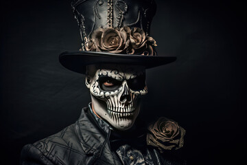 Halloween theme dark fantasy, gentleman skeleton wearing tuxedo and top hat, Generative Ai